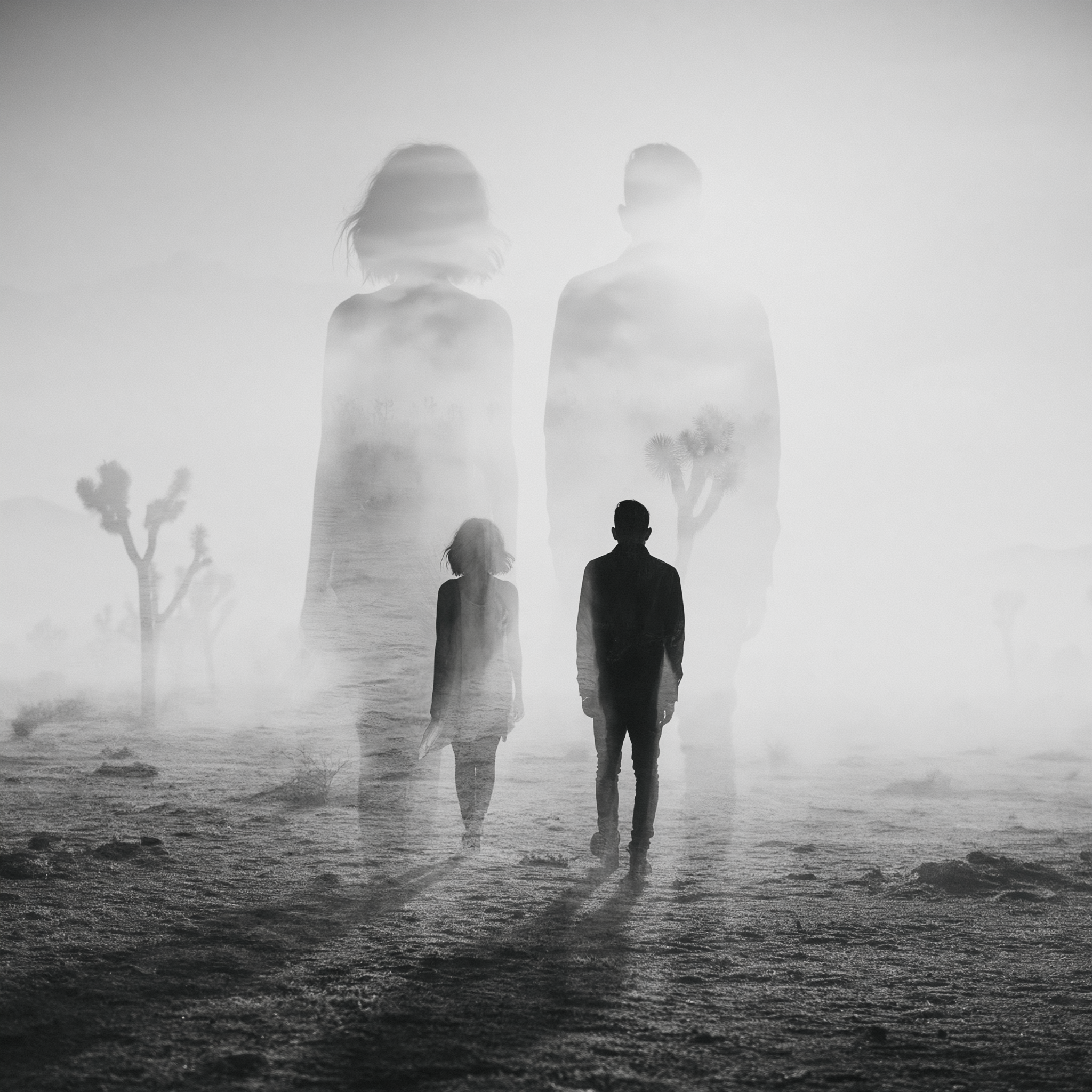 Joshua Tree 1, surreal double-exposure print of a couple in desert fog