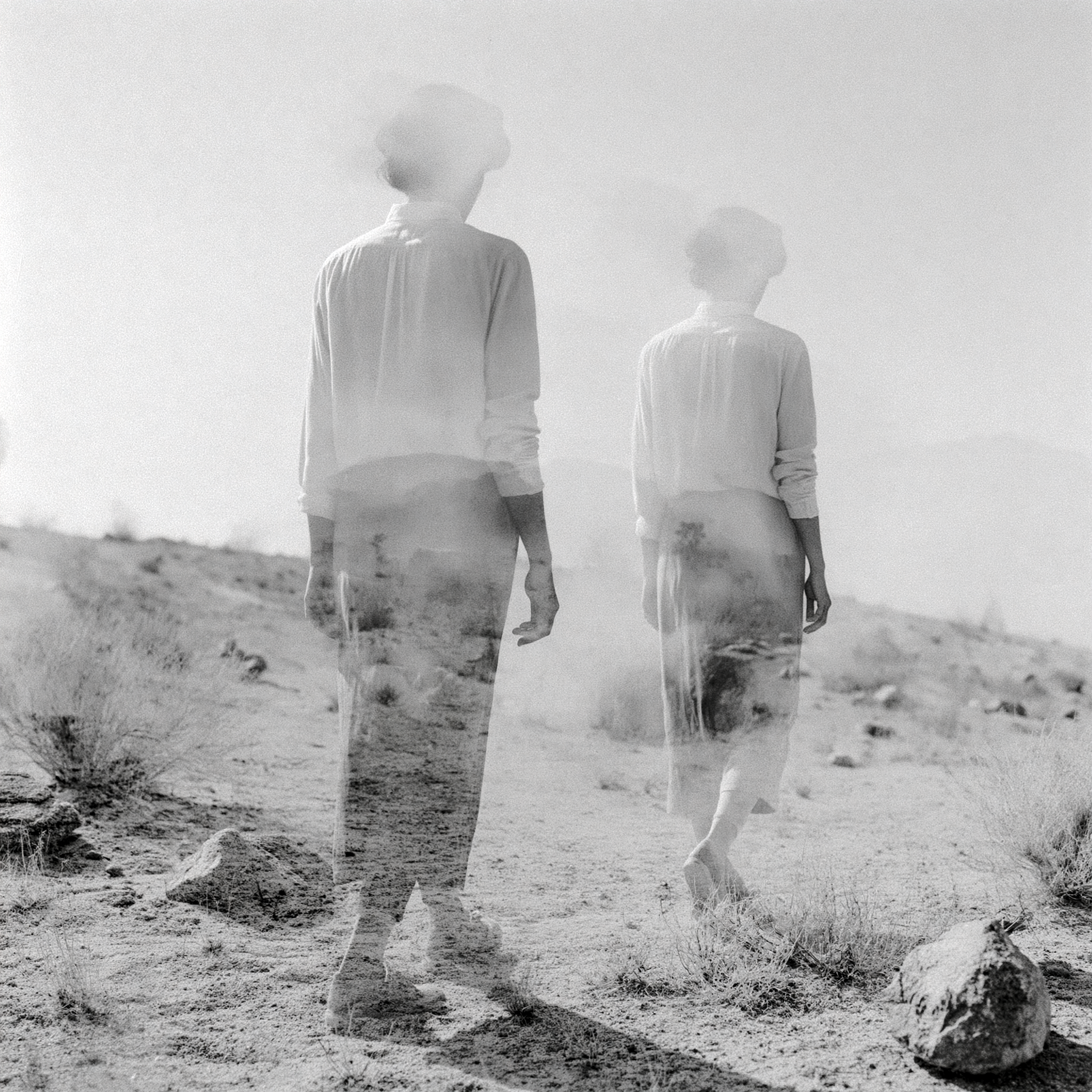 Joshua Tree 2, double-exposure print of two women walking through the Joshua Tree desert