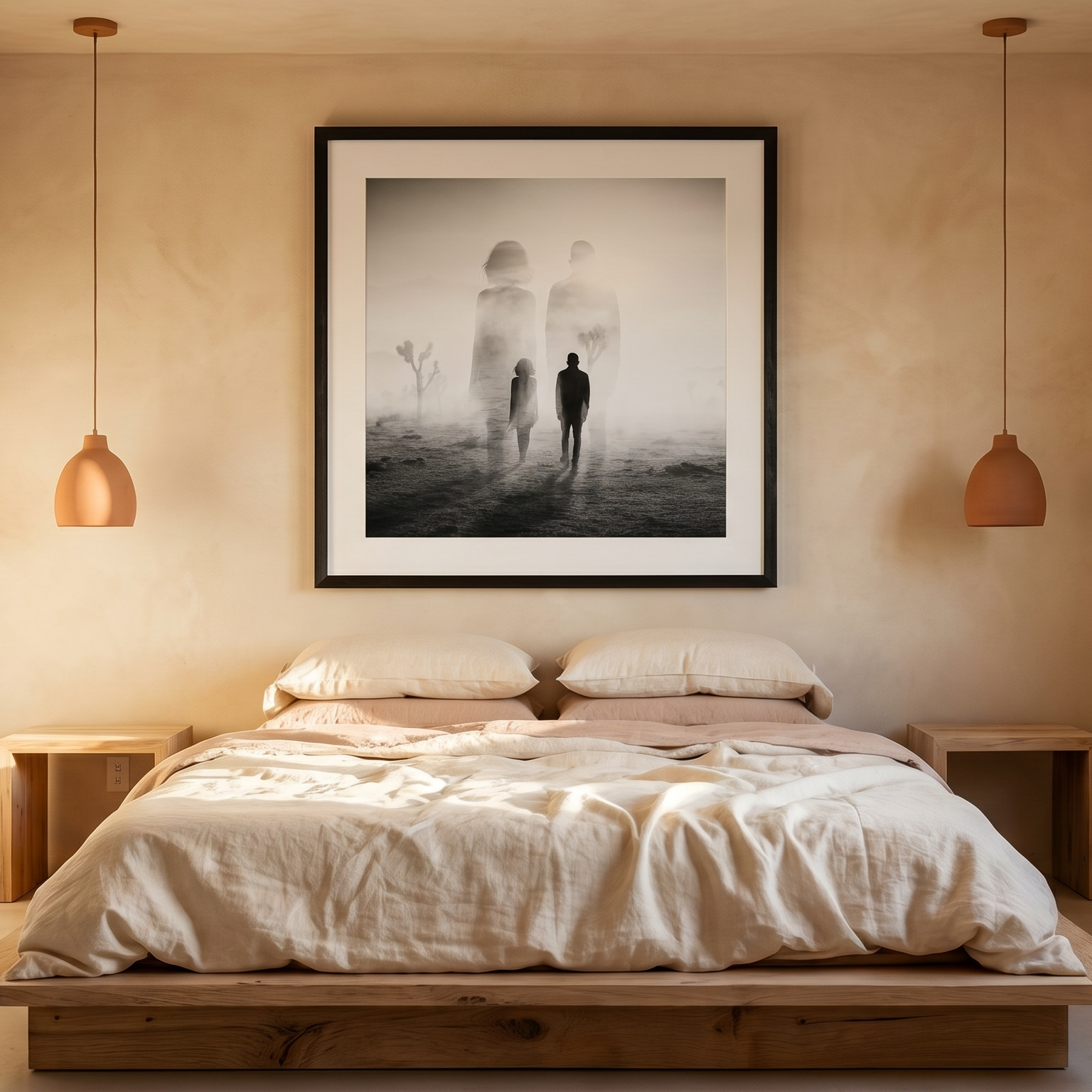 Joshua Tree 1 print above a linen bed