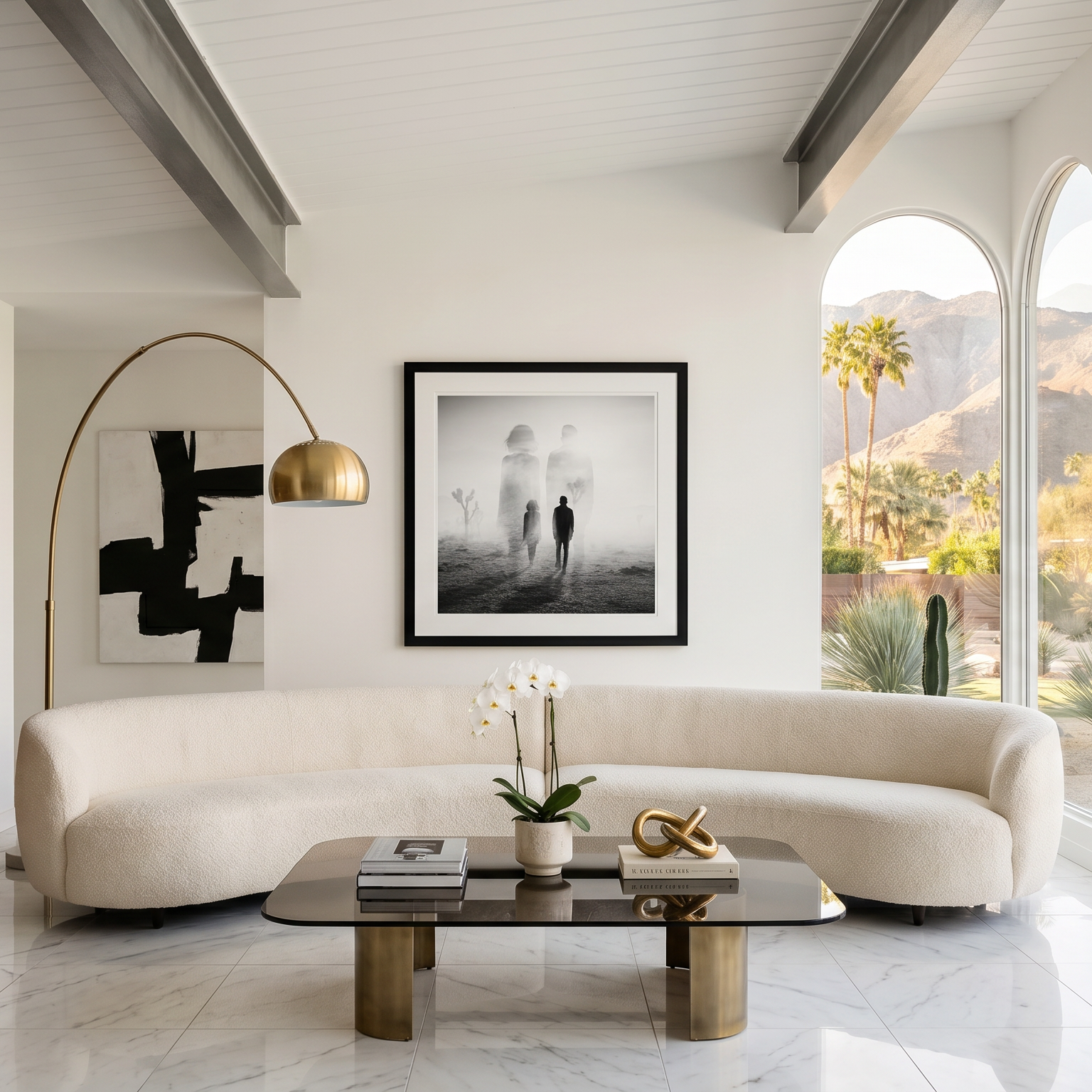Joshua Tree 1 black and white fine art print in a light-filled living room with arched windows facing the desert
