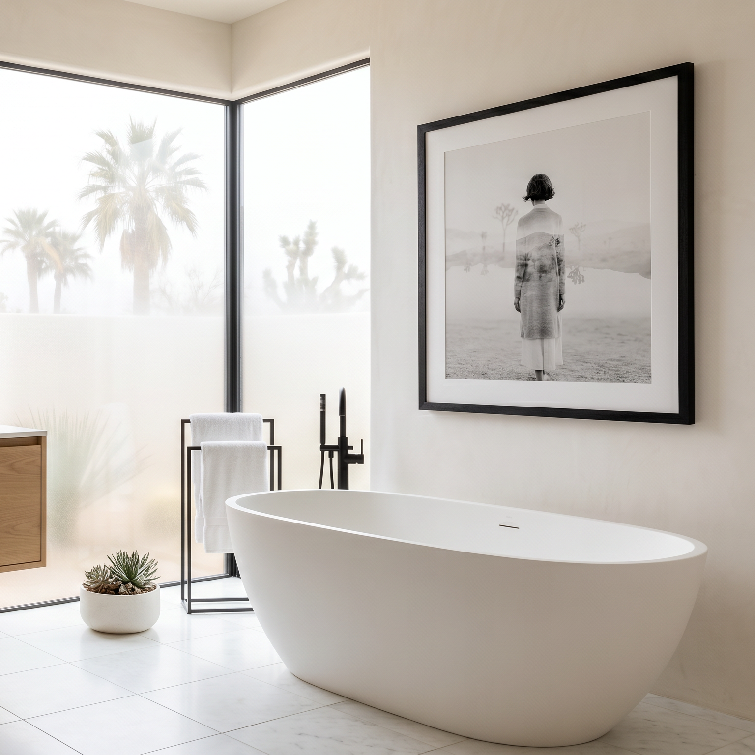 Joshua Tree 3 print in a white bathroom with freestanding tub